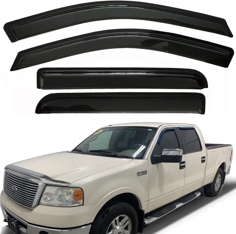 TONOYTIM حراس المطر لنوافذ السيارة، واقيات جانبية، واقيات ظل، واقيات ريح لسيارة فورد F150 سوبر كرو/كرو كاب 2004-2008، تناسب أيضاً لينكولن مارك LT 2006-2008، واقي شمس للسيارة، مجموعة 4 قطع 94443 - Image 2